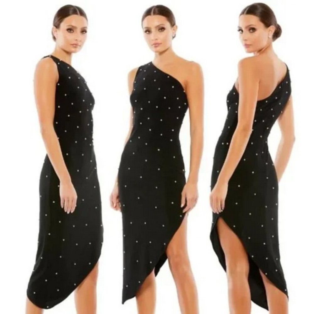 Mac Duggal Black One-Shoulder Midi Dress with Crystal Embellishments